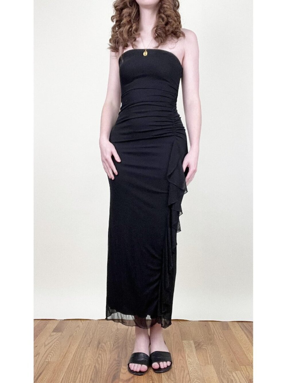 Vintage 90s Y2K Maxi Dress Gown Strapless Ruffle Sheer Mesh Wedding Guest Prom
